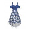 Robe de vacances cintrée à volants et motif floral et feuilles, épaules dénudées, buste froncé, manches courtes, robe de plage mi-longue haute et basse - Vert clair XXL | US 14