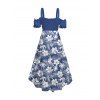 Robe de vacances cintrée à volants et motif floral et feuilles, épaules dénudées, buste froncé, manches courtes, robe de plage mi-longue haute et basse - Vert clair XXL | US 14