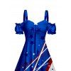 Robe patriotique mi-longue à volants et imprimé étoiles, motif drapeau américain, épaules dénudées, buste froncé, manches courtes, coupe haute et basse - Bleu XXL | US 14