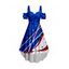 Robe patriotique mi-longue à volants et imprimé étoiles, motif drapeau américain, épaules dénudées, buste froncé, manches courtes, coupe haute et basse - Bleu XXL | US 14