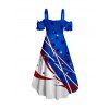 Robe patriotique mi-longue à volants et imprimé étoiles, motif drapeau américain, épaules dénudées, buste froncé, manches courtes, coupe haute et basse - Bleu XXL | US 14