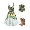 Vacation Women Outfit Floral Leaf Printed Flare A Line Slip Mini Dress and Rhinestone Decor Toe Post Flip Flop Two Piece Set - Vert clair S | US 4