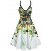 Vacation Women Outfit Floral Leaf Printed Flare A Line Slip Mini Dress and Rhinestone Decor Toe Post Flip Flop Two Piece Set - Vert clair S | US 4