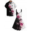 Vacation Couple Outfit Contrast Butterfly Rose Print V Neck O Ring Straps A Line Tank Dress and Button Up Shirt Casual Matching Outfit - Noir S | US 4