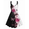 Vacation Couple Outfit Contrast Butterfly Rose Print V Neck O Ring Straps A Line Tank Dress and Button Up Shirt Casual Matching Outfit - Noir S | US 4