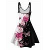 Vacation Couple Outfit Contrast Butterfly Rose Print V Neck O Ring Straps A Line Tank Dress and Button Up Shirt Casual Matching Outfit - Noir S | US 4