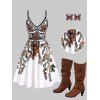 Vacation Women Outfit Floral Leaf Printed Flare A Line Slip Mini Dress and Glitter Sequins Butterfly Earrings Mid-Calf Suede Belt Buckle Boots Set - Blanc S | US 4