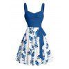 Robe de vacances à motif de feuilles de fleurs, buste froncé, ceinture, col en cœur, mini robe de plage trapèze - Bleu profond XXXXXL | US 20