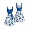 Robe de vacances à motif de feuilles de fleurs, buste froncé, ceinture, col en cœur, mini robe de plage trapèze - Bleu profond XXXXXL | US 20