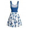 Robe de vacances à motif de feuilles de fleurs, buste froncé, ceinture, col en cœur, mini robe de plage trapèze - Bleu profond XXXXXL | US 20