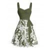 Robe de plage courte à volants et col en cœur, motif floral tropical, avec ceinture et buste froncé - Vert profond XXXXXL | US 20