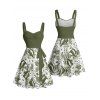 Robe de plage courte à volants et col en cœur, motif floral tropical, avec ceinture et buste froncé - Vert profond XXXXXL | US 20