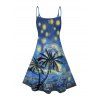 Robe de vacances à motif de peinture artistique de cocotier, bretelles spaghetti, col en V, coupe trapèze, mini, décontractée - Bleu profond XXXXXL | US 20