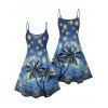 Robe de vacances à motif de peinture artistique de cocotier, bretelles spaghetti, col en V, coupe trapèze, mini, décontractée - Bleu profond XXXXXL | US 20