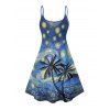 Robe de vacances à motif de peinture artistique de cocotier, bretelles spaghetti, col en V, coupe trapèze, mini, décontractée - Bleu profond XXXXXL | US 20