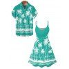 Vacation Couple Outfit Coconut Tree Sea Pattern Spaghetti Strap V Neck A Line Mini Tank Dress and Button Up Shirt Beach Matching Outfit - Vert S | US 4