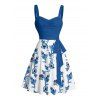 Vacation Couple Outfit Flower Leaf Pattern Ruched Bust Belt Sweetheart Neck A Line Mini Dress and Button Up Shirt Beach Matching Outfit - Bleu S | US 4