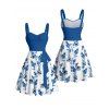 Vacation Couple Outfit Flower Leaf Pattern Ruched Bust Belt Sweetheart Neck A Line Mini Dress and Button Up Shirt Beach Matching Outfit - Bleu S | US 4