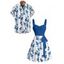 Vacation Couple Outfit Flower Leaf Pattern Ruched Bust Belt Sweetheart Neck A Line Mini Dress and Button Up Shirt Beach Matching Outfit - Bleu S | US 4