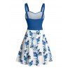 Vacation Couple Outfit Flower Leaf Pattern Ruched Bust Belt Sweetheart Neck A Line Mini Dress and Button Up Shirt Beach Matching Outfit - Bleu S | US 4