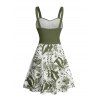 Vacation Couple Outfit Tropical Leaf Flower Pattern Ruched Bust Belt Sweetheart Neck A Line Mini Dress and Button Up Shirt Beach Matching Outfit - Vert profond S | US 4