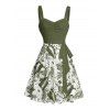 Vacation Couple Outfit Tropical Leaf Flower Pattern Ruched Bust Belt Sweetheart Neck A Line Mini Dress and Button Up Shirt Beach Matching Outfit - Vert profond S | US 4
