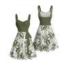 Vacation Couple Outfit Tropical Leaf Flower Pattern Ruched Bust Belt Sweetheart Neck A Line Mini Dress and Button Up Shirt Beach Matching Outfit - Vert profond S | US 4