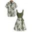 Vacation Couple Outfit Tropical Leaf Flower Pattern Ruched Bust Belt Sweetheart Neck A Line Mini Dress and Button Up Shirt Beach Matching Outfit - Vert profond S | US 4