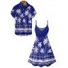 Vacation Couple Outfit Coconut Tree Sea Pattern Spaghetti Strap V Neck A Line Mini Tank Dress and Button Up Shirt Beach Matching Outfit - Bleu profond S | US 4
