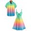 Vacation Couple Outfit Ombre Rainbow Color A Line Cinched Tie Ruched Bust Slip Dress and Button Up Shirt Matching Outfit - multicolor A S | US 4
