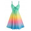 Vacation Couple Outfit Ombre Rainbow Color A Line Cinched Tie Ruched Bust Slip Dress and Button Up Shirt Matching Outfit - multicolor A S | US 4