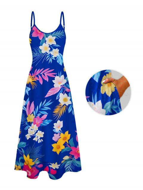 Robe de vacances à motif de feuilles colorées et fleuries avec poches et bretelles spaghetti