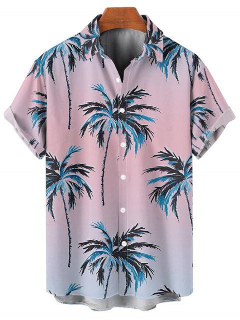 Chemise de vacances ombrée à motif cocotier pour homme, boutonnée, retroussée, manches courtes, pour la plage