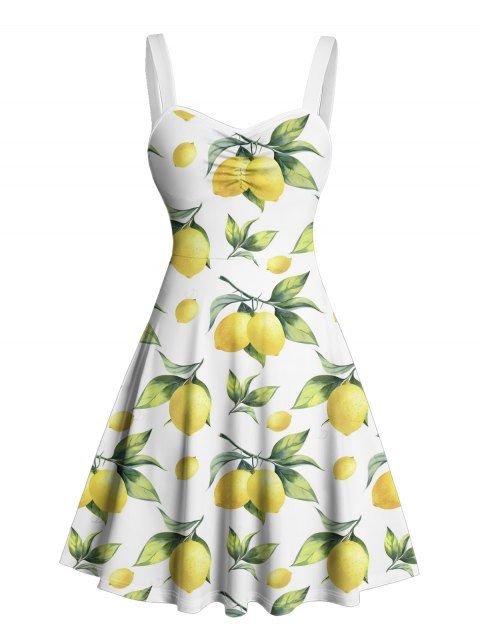 Robe de vacances à motif de feuilles de citron sur toute la surface, buste froncé, col en cœur, robe trapèze décontractée courte