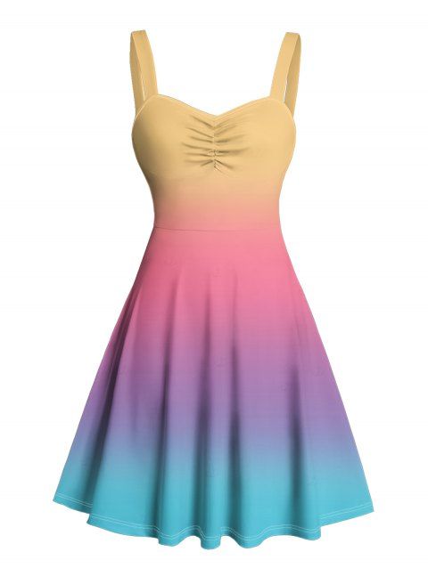 Robe de vacances décontractée à col en cœur et ceinture froncée, couleur arc-en-ciel ombrée, coupe trapèze