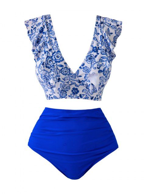 Maillot de bain deux pièces de plage à imprimé floral, volants, décolleté plongeant, nœud papillon, haut de bain et slip taille haute froncé gainant pour les vacances