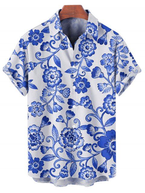 Chemise de vacances à motif floral pour homme, boutonnée, retroussée, manches courtes, décontractée