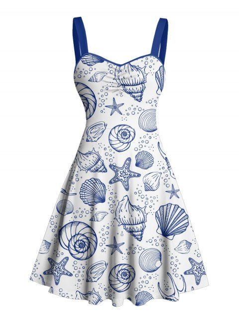 Robe de vacances à motif de vie marine sur toute la surface, buste froncé, col en cœur, mini robe de plage trapèze