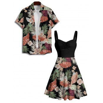 Vacation Couple Outfit Tropical Flower Leaf Plant Pattern Ruched Bust Sweetheart Neck Dress and Button Up Shirt Hawaii Matching Outfit