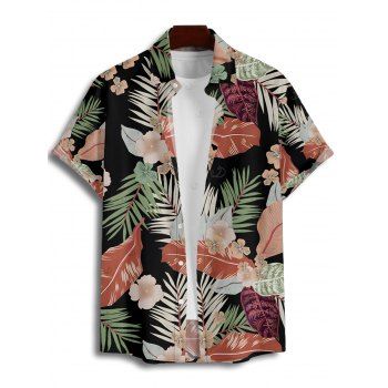Vacation Couple Outfit Tropical Flower Leaf Plant Pattern Ruched Bust Belt Sweetheart Neck Dress and Button Up Shirt Hawaii Matching Outfit