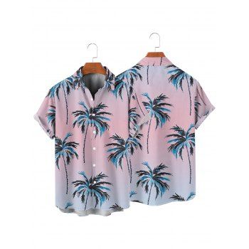 Men's Coconut Tree Pattern Ombre Vacation Shirt Button Up Roll Up Short Sleeve Beach Shirt