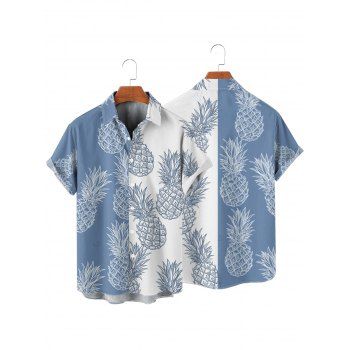 Vacation Couple Outfit Contrast Color Pineapple Pattern Ruched Bust Belt Dress and Button Up Shirt Beach Matching Outfit