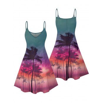 Coconut Tree Sunset Pattern Vacation Dress Spaghetti Strap V Neck A Line Mini Beach Tank Dress