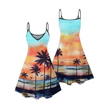 Coconut Tree Sunset Beach Landscape Pattern Beach Dress Spaghetti Strap V Neck A Line Mini Vacation Tank Dress