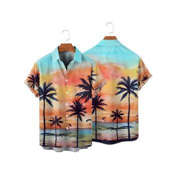Beach Couple Outfit Coconut Tree Sunset Beach Landscape Pattern Spaghetti Strap Tank Dress and Button Up Shirt Vacation Matching Outfit