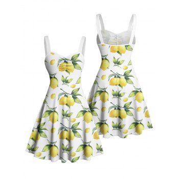 Allover Lemon Leaf Pattern Ruched Bust Vacation Dress Sweetheart Neck A Line Mini Casual Dress