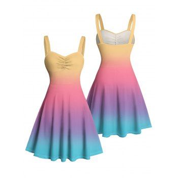 Ombre Rainbow Color Ruched Bust Belt Vacation Dress Sweetheart Neck A Line Mini Casual Dress