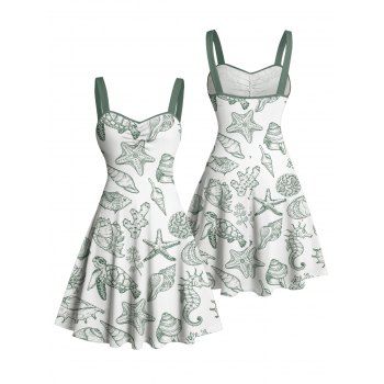 Allover Marine Life Pattern Ruched Bust Vacation Dress Sweetheart Neck A Line Mini Beach Dress