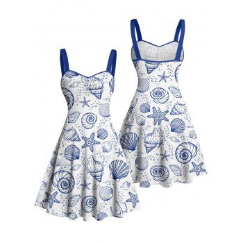 Allover Marine Life Pattern Ruched Bust Vacation Dress Sweetheart Neck A Line Mini Beach Dress