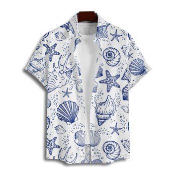Vacation Couple Outfit Allover Marine Life Pattern Ruched Bust Sweetheart Neck Dress and Button Up Shirt Beach Matching Outfit